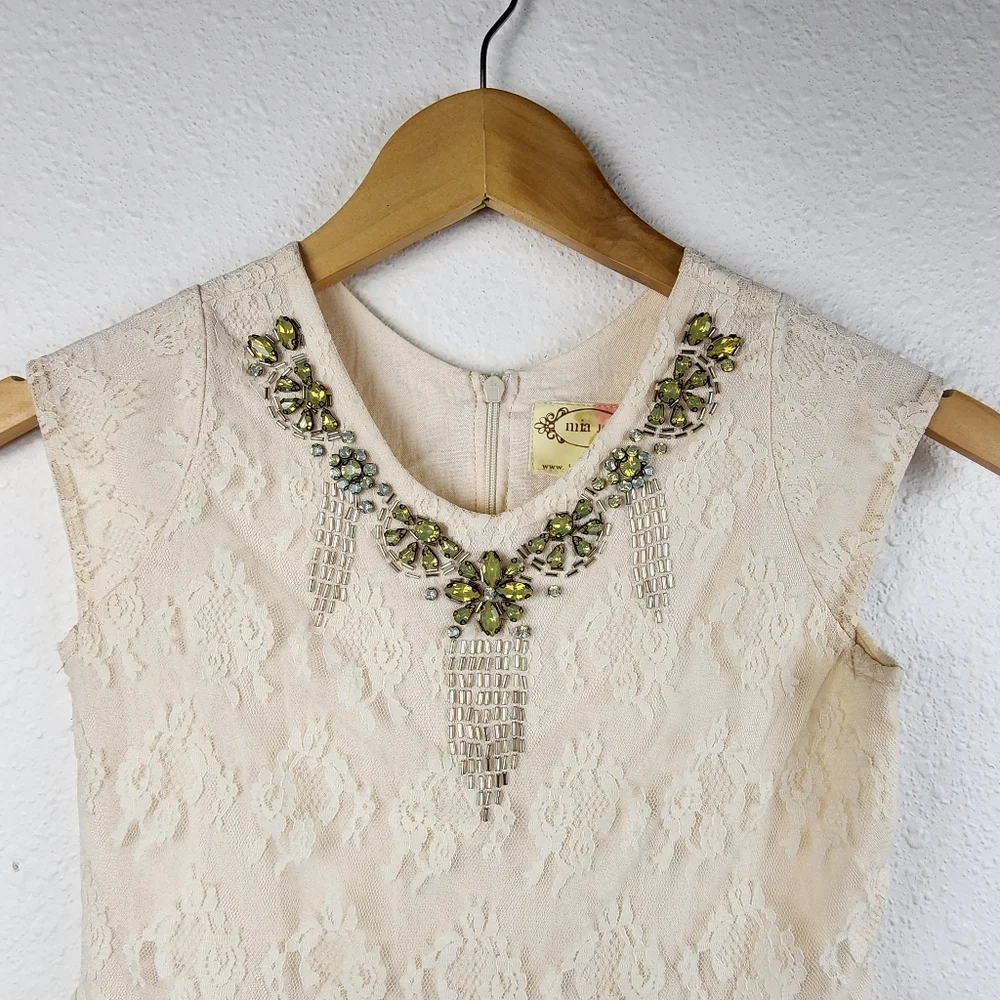 Mia Joy Girls Ivory Lace Dress Beaded Necklace Detail Size 10 Elegant Jeweled